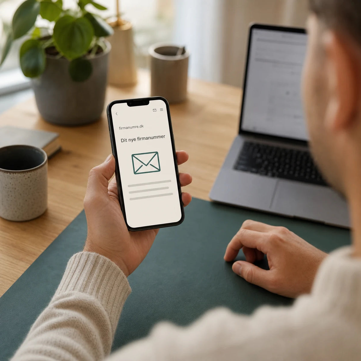 Hånd holder en telefon med en mail om et nyt firmanummer