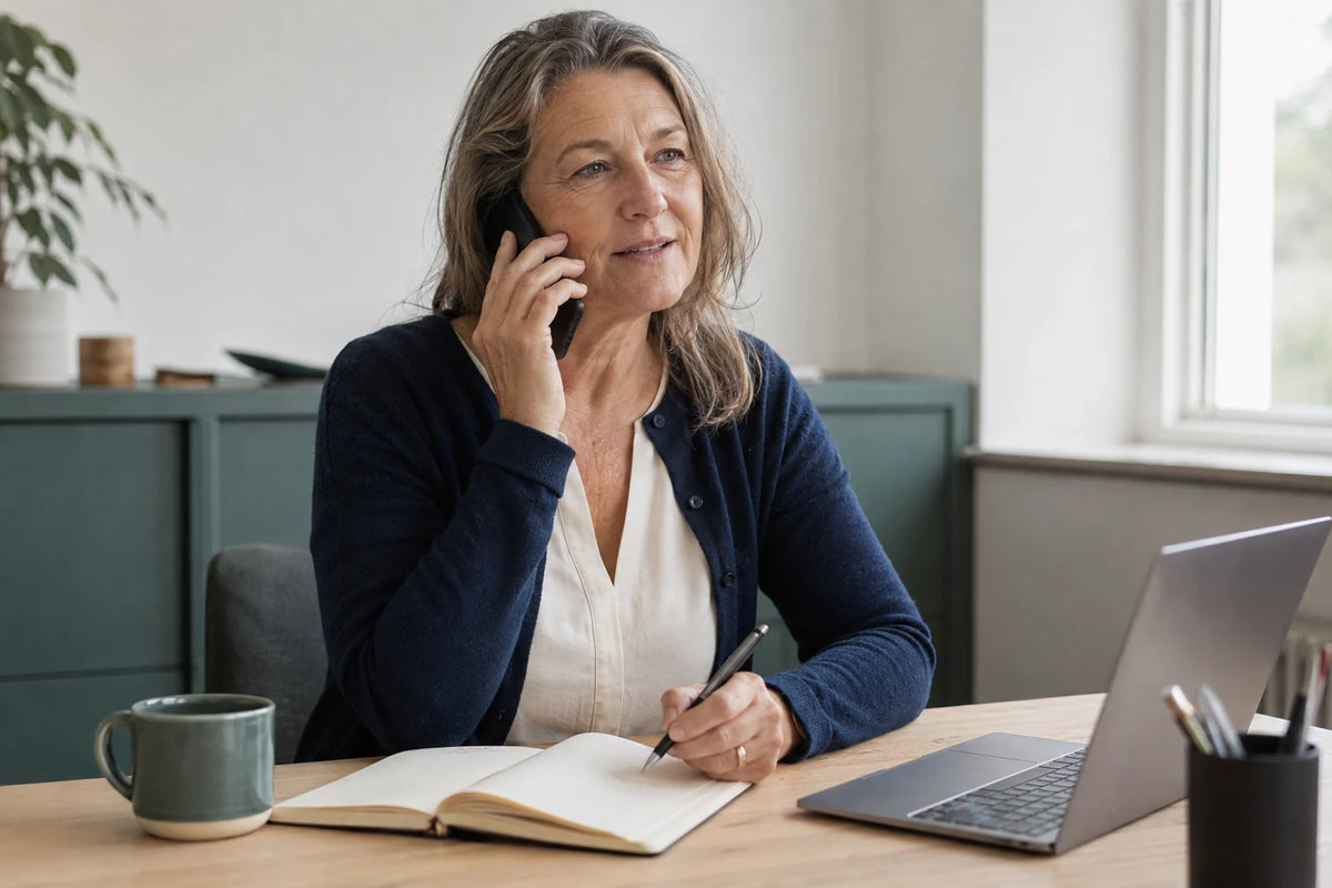 Konsulent taler i telefon og tager noter ved et skrivebord