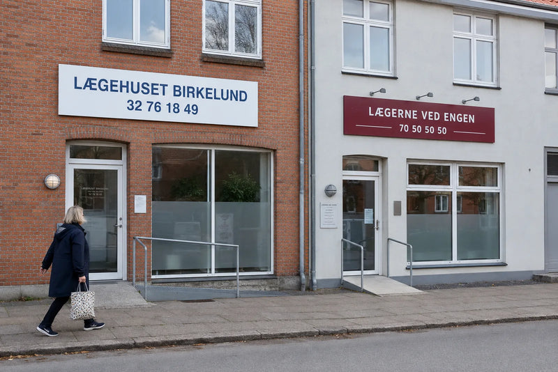 To lægehuse side om side, det ene med nummeret 70 50 50 50 på skiltet