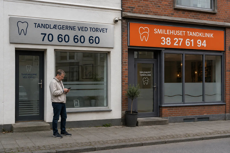To tandlægeklinikker side om side, den ene med nummeret 70 60 60 60