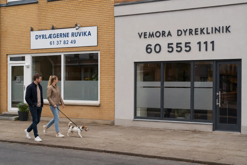 To dyreklinikker side om side, den ene med nummeret 60 555 111 på facaden
