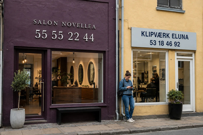 To frisørsaloner side om side, den ene med nummeret 5555 2244